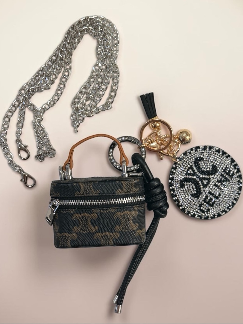 Brown & Black Triomphe Mini Bag Charm or Crossbody with Puffy Crystal Logo Disc